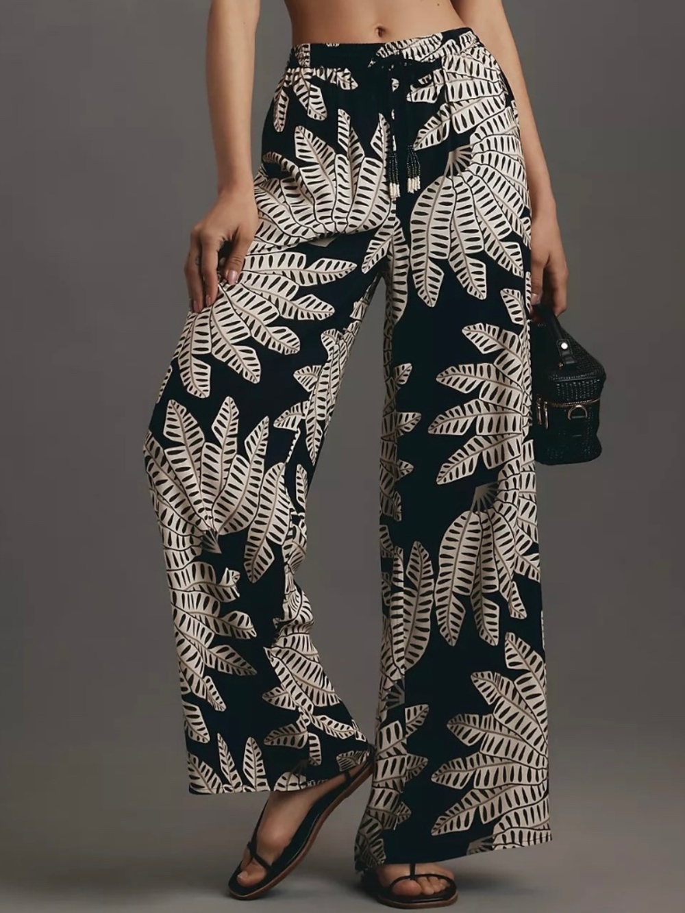 Farm Rio x Anthropologie Palm Dark Navy  Pull-On Wide-Leg Pants Sz L Resort